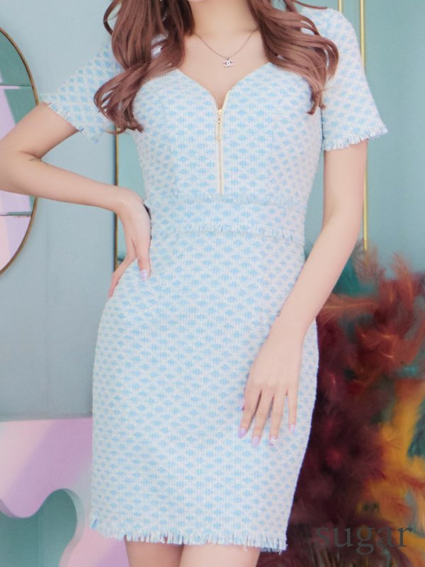 画像8: XSサイズあり【IRMA/イルマ】ストレッチ/ ツイード/ フロントジップ/ フリンジ/ 半袖/ 袖あり/ タイト/ ミニドレス/ キャバドレス【HC02】