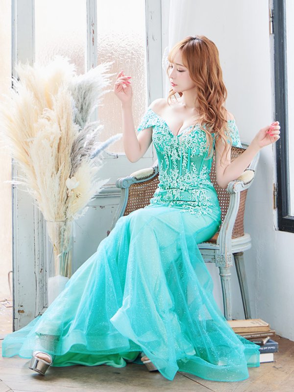 画像8: Lサイズあり【JEAN MACLEAN/ジャンマクレーン】マーメイド/ オフショル/ フラワー刺繍/ ラメネット/ スピンドル/ ロングドレス/ キャバドレスlong[OF2A]