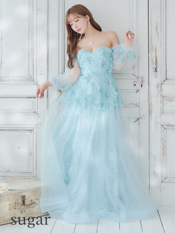 画像10: Lサイズあり【JEAN MACLEAN/ジャンマクレーン】ベア/ オフショル/ 2way/ パフスリーブ/ 袖あり/ コルセット風/ スピンドル/ 立体モチーフ/ ネットレース/ プリンセス/ ロングドレス/ キャバドレス long[OF2A]