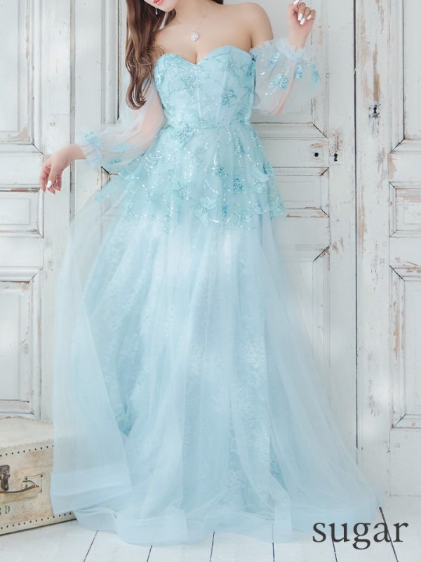 画像11: Lサイズあり【JEAN MACLEAN/ジャンマクレーン】ベア/ オフショル/ 2way/ パフスリーブ/ 袖あり/ コルセット風/ スピンドル/ 立体モチーフ/ ネットレース/ プリンセス/ ロングドレス/ キャバドレス long[OF2A]