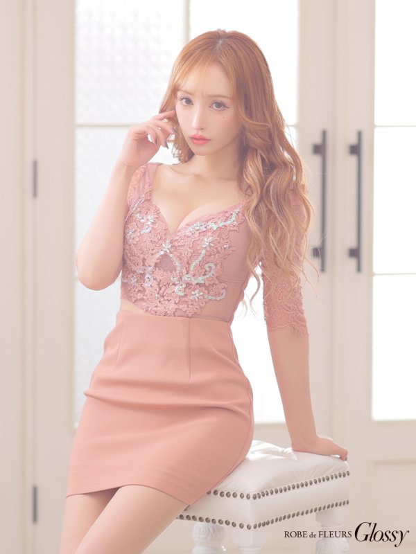 画像7: XSサイズあり【Glossy/グロッシー】レース/ ビジュー/ 五分袖/ 七分袖/ 袖あり/ セットアップ/ タイト/ ミニドレス/ キャバドレス[OF08]