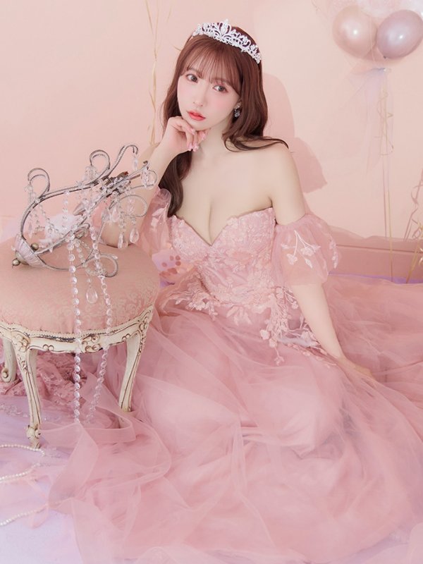 画像33: 【りこ/関西コレクション着用】Lサイズあり【JEAN MACLEAN/ジャンマクレーン】ベア/ オフショル/ 2way/ パフスリーブ/ 袖あり/ コルセット風/ スピンドル/ フラワー刺繍/ ネットレース/ プリンセス/ ロングドレス/ キャバドレス long[OF2A]