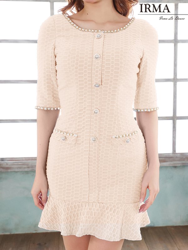 画像4: Lサイズあり【IRMA/イルマ】マーメイド/ 半袖/ 五分袖/ 袖あり/ フロントボタン/ チェーン/ ワンカラー/ 裾フリル/ ミニドレス/ キャバドレス【HC02】