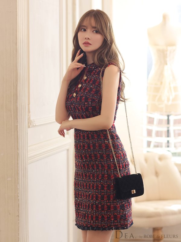 画像6: Lサイズあり【DEA./ディア】ツイード/ チェック/ サイドベルト/ ボタン/ Aライン/ ワンピース/ ミニドレス/ キャバドレス【OF08】