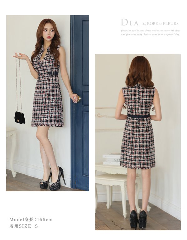 画像12: Lサイズあり【DEA./ディア】ツイード/ チェック/ サイドベルト/ ボタン/ Aライン/ ワンピース/ ミニドレス/ キャバドレス【OF08】