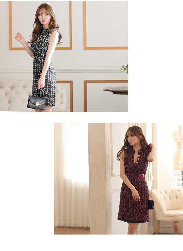 画像10: Lサイズあり【DEA./ディア】ツイード/ チェック/ サイドベルト/ ボタン/ Aライン/ ワンピース/ ミニドレス/ キャバドレス【OF08】