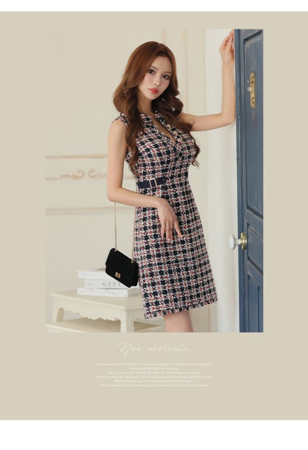 画像11: Lサイズあり【DEA./ディア】ツイード/ チェック/ サイドベルト/ ボタン/ Aライン/ ワンピース/ ミニドレス/ キャバドレス【OF08】
