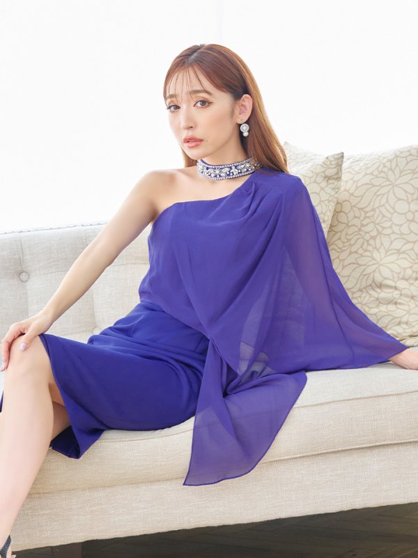 画像6: Lサイズあり【JEAN MACLEAN/ジャンマクレーン】シンプル/ ワンカラー/ シフォンスリーブ/ ワンショル/ チョーカー風デザイン/ タイト/ 膝丈/ ミディアムドレス/ キャバドレス【HC02】