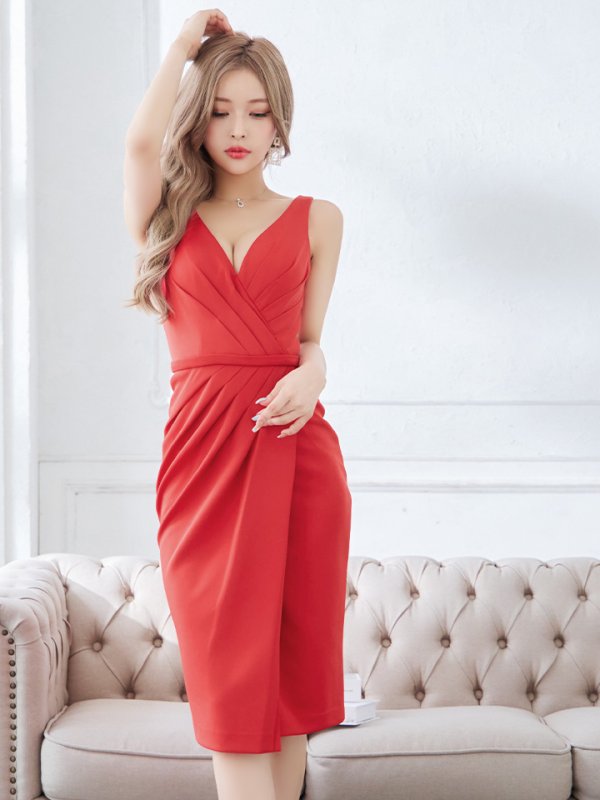 画像4: sugarオリジナルカラー・Lサイズあり【JEAN MACLEAN/ジャンマクレーン】シンプル/ ワンカラー/ Vネック/ ノースリーブ/ タック/ タイト/ 膝丈/ ミディアムドレス/ キャバドレス【HC02】