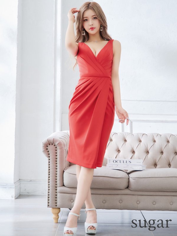 画像8: sugarオリジナルカラー・Lサイズあり【JEAN MACLEAN/ジャンマクレーン】シンプル/ ワンカラー/ Vネック/ ノースリーブ/ タック/ タイト/ 膝丈/ ミディアムドレス/ キャバドレス【HC02】