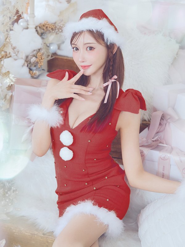 画像1: 【即日発送！】【サンタコス 4点セット】【XS-XLサイズ/3カラー】ショルダーリボンビジューサンタ[YMT]