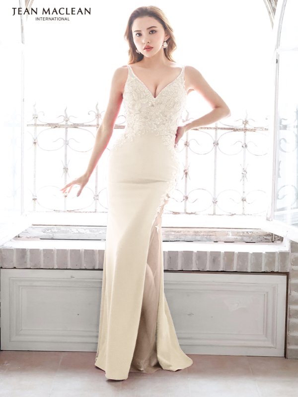 【JEAN MACLEAN/ジャンマクレーン】ワンカラー/ バイカラー/ 刺繍レース/ スパンコール/ キャミソール/ Vネック/ スリットデザイン/ ロングドレス/ キャバドレスlong シャンパン