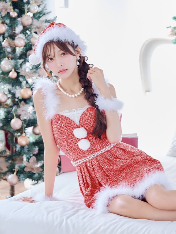 画像6: 【一部予約商品/11月中旬発送予定】【サンタコス 4点セット】【XS-XLサイズ/3カラー】ラメツイードミニワンピースサンタ[YMT]