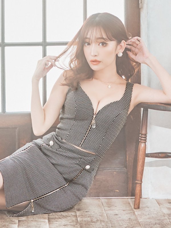 画像6: 【JEAN MACLEAN/ジャンマクレーン】ラメニット/ フロントジップ/ ストレッチ/ ノースリーブ/ タイト/ ミディアムドレス/ キャバドレス【HC02】