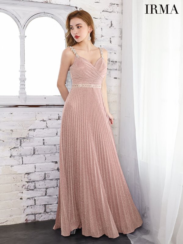 Lサイズあり【IRMA/イルマ】ラメ/ プリーツ/ ビジュー/ ノースリーブ/ スピンドル/ Aライン/ ロング/ キャバドレス long ピンクベージュ