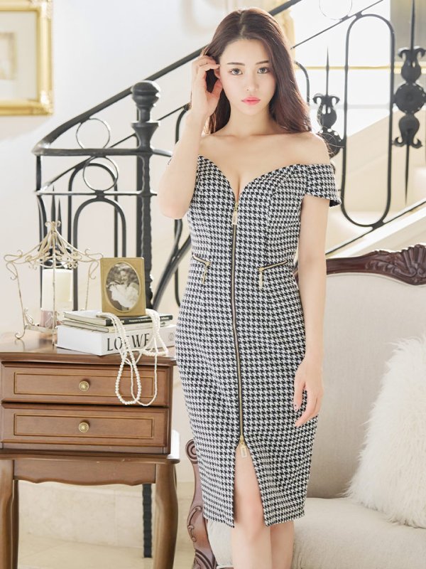 画像6: Lサイズあり【JEAN MACLEAN/ジャンマクレーン】千鳥柄/  フロントジップ/ オフショルダー/ ストレッチ/ タイト/ 膝丈/ ミディアムドレス/ キャバドレス【HC02】