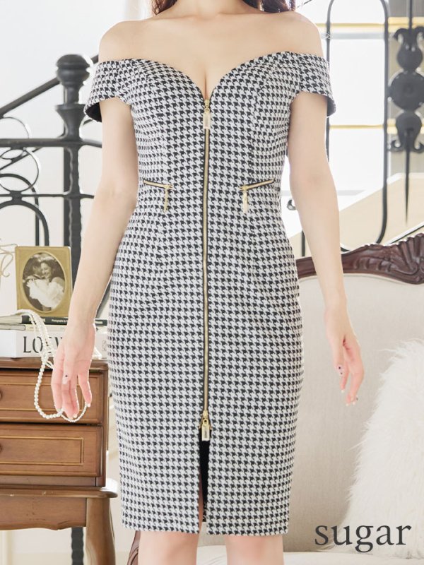 画像8: Lサイズあり【JEAN MACLEAN/ジャンマクレーン】千鳥柄/  フロントジップ/ オフショルダー/ ストレッチ/ タイト/ 膝丈/ ミディアムドレス/ キャバドレス【HC02】