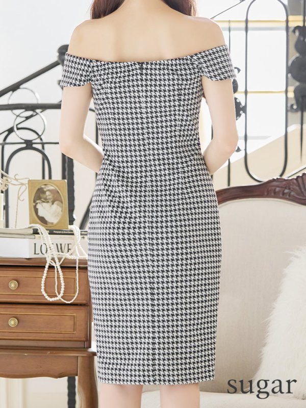 画像9: Lサイズあり【JEAN MACLEAN/ジャンマクレーン】千鳥柄/  フロントジップ/ オフショルダー/ ストレッチ/ タイト/ 膝丈/ ミディアムドレス/ キャバドレス【HC02】