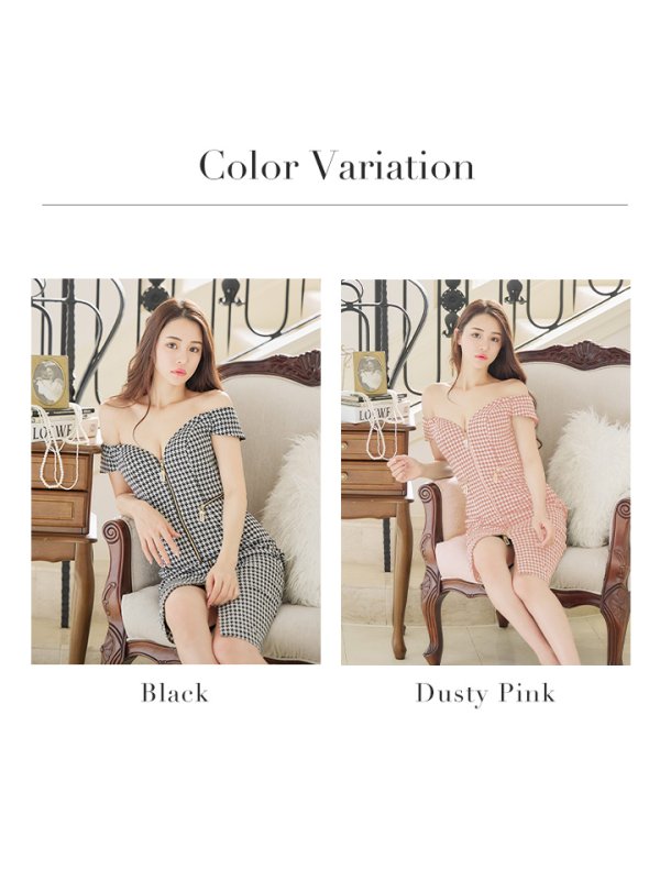 画像13: Lサイズあり【JEAN MACLEAN/ジャンマクレーン】千鳥柄/  フロントジップ/ オフショルダー/ ストレッチ/ タイト/ 膝丈/ ミディアムドレス/ キャバドレス【HC02】