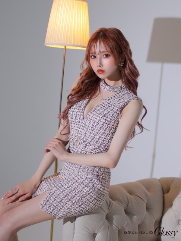 画像14: XS-Lサイズあり【Glossy/グロッシー】ツイード/ チョーカー風/ ベルト/ ノースリーブ/ タイト/ ミニドレス/ キャバドレス[OF08]