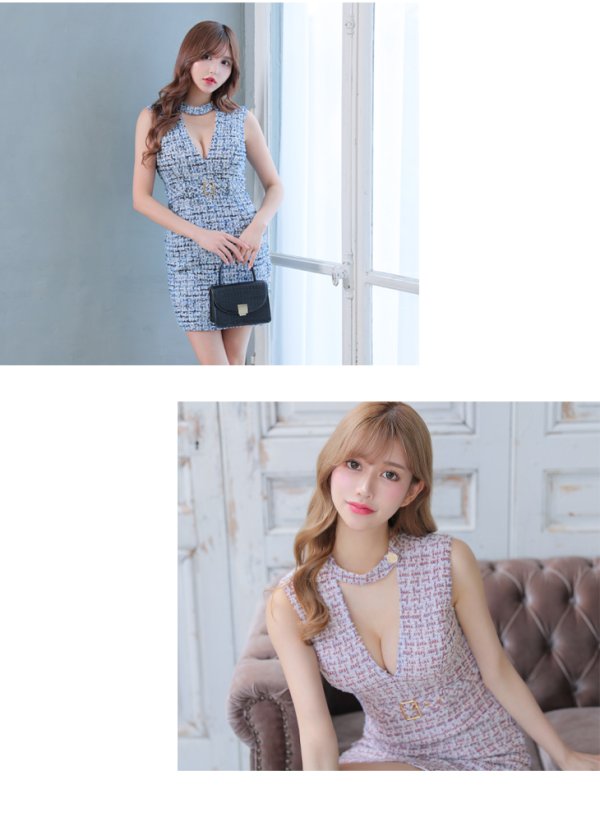 画像21: XS-Lサイズあり【Glossy/グロッシー】ツイード/ チョーカー風/ ベルト/ ノースリーブ/ タイト/ ミニドレス/ キャバドレス[OF08]