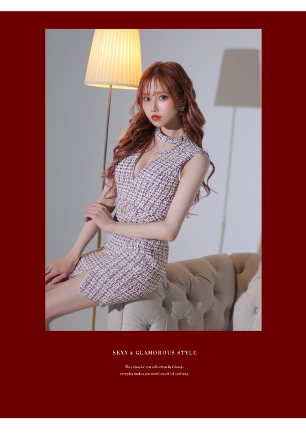 画像22: XS-Lサイズあり【Glossy/グロッシー】ツイード/ チョーカー風/ ベルト/ ノースリーブ/ タイト/ ミニドレス/ キャバドレス[OF08]