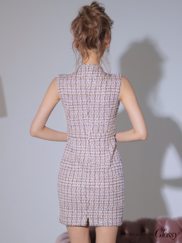 画像7: XSサイズあり【Glossy/グロッシー】ジッパー/ ニットツイード/ シンプル/ ノースリーブ/ ストレッチ/ タイト/ ミニドレス/ キャバドレス[OF08]