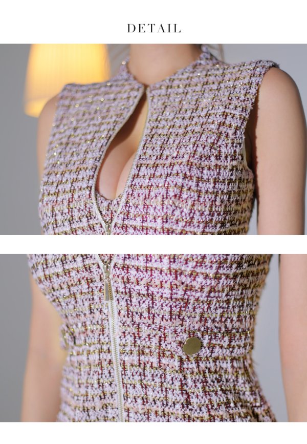 画像11: XSサイズあり【Glossy/グロッシー】ジッパー/ ニットツイード/ シンプル/ ノースリーブ/ ストレッチ/ タイト/ ミニドレス/ キャバドレス[OF08]