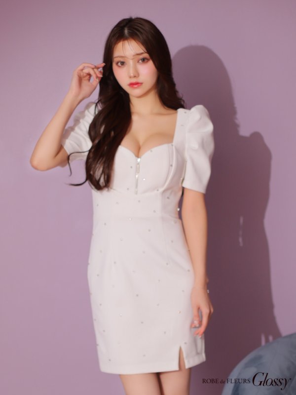 画像23: XSサイズあり【Glossy/グロッシー】フロントジップ/ パフスリーブ/ ストレッチ/ 無地/ ワンカラー/ タイト/ ミニドレス/ キャバドレス[OF08]