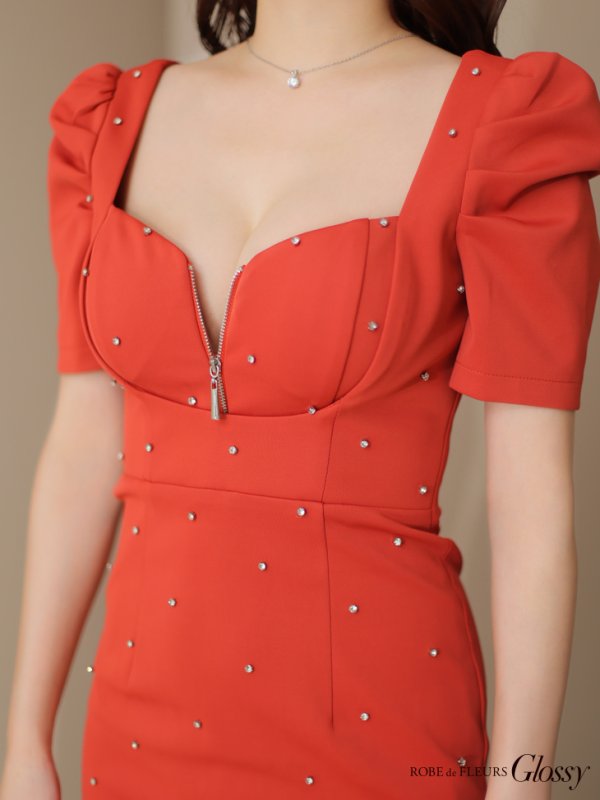 画像15: XSサイズあり【Glossy/グロッシー】フロントジップ/ パフスリーブ/ ストレッチ/ 無地/ ワンカラー/ タイト/ ミニドレス/ キャバドレス[OF08]