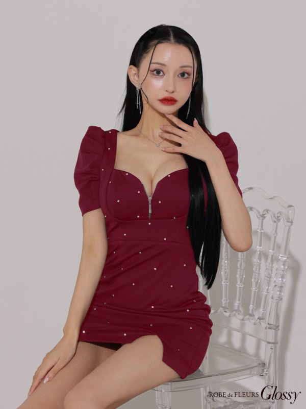 画像14: XSサイズあり【Glossy/グロッシー】フロントジップ/ パフスリーブ/ ストレッチ/ 無地/ ワンカラー/ タイト/ ミニドレス/ キャバドレス[OF08]