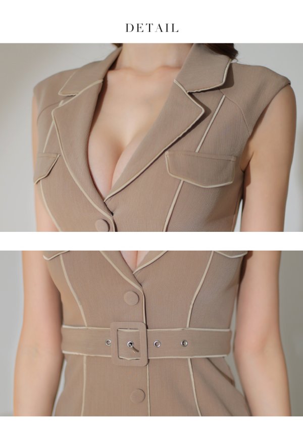 画像17: XSサイズあり【Glossy/グロッシー】ジャケット風襟デザイン/ ノースリーブ/ ボタン/ ベルト/ 無地/ タイト/ カジュアル/ ミニドレス/ キャバドレス[OF08]