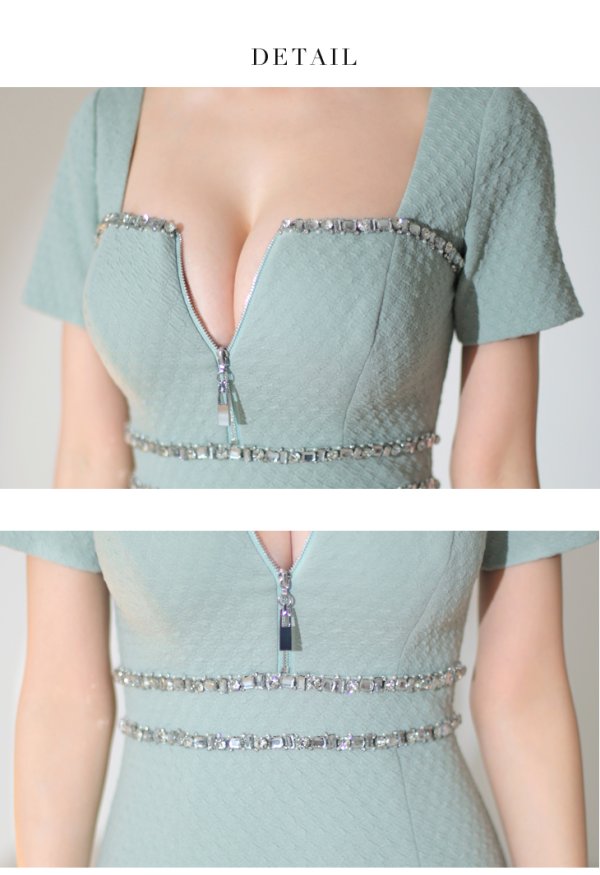 画像48: XSサイズあり【Glossy/グロッシー】バストジッパー/ ビジュー/ ワッフル/ ストレッチ/ 半袖/ 袖あり/ ワンカラー/ タイト/ ミニドレス/ キャバドレス[OF08]