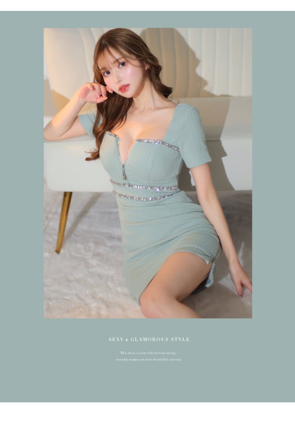 画像13: XSサイズあり【Glossy/グロッシー】バストジッパー/ ビジュー/ ワッフル/ ストレッチ/ 半袖/ 袖あり/ ワンカラー/ タイト/ ミニドレス/ キャバドレス[OF08]