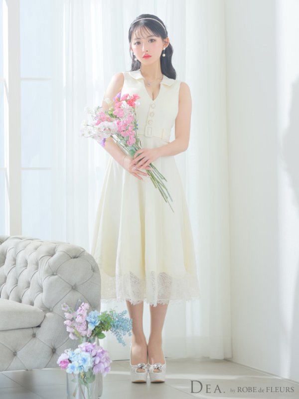 画像4: XS-Lサイズあり【DEA./ディア】裾レース/ ノースリーブ/ サマーツイード/ フレア/ ミディアムドレス/ キャバドレス【OF08】