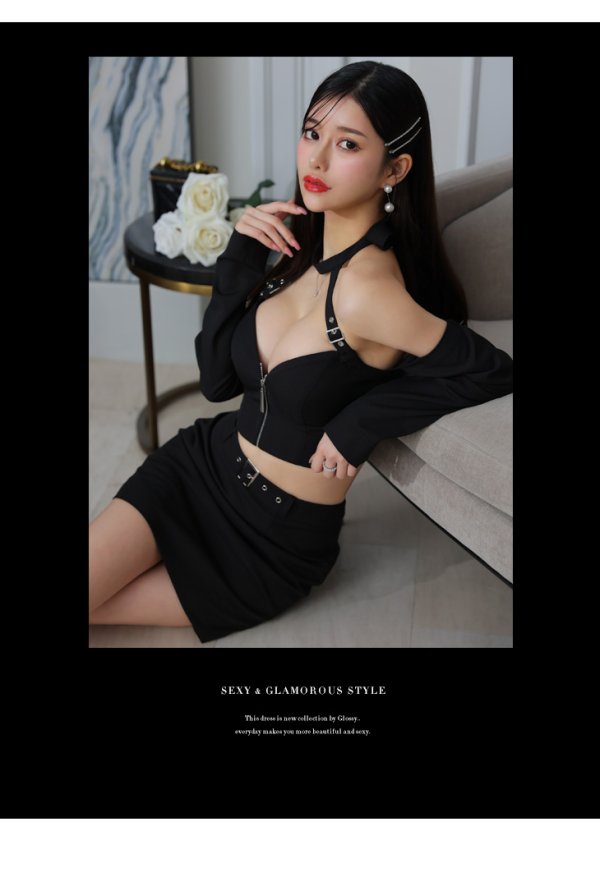 画像22: XSサイズあり【Glossy/グロッシー】袖あり/ 2way/ ホルターリボンネック/ オフショルダー/ セットアップ/ タイト/ ミニドレス/ キャバドレス[OF08]
