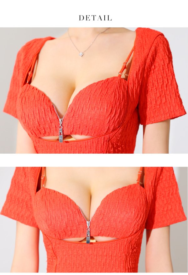画像12: XSサイズあり【Glossy/グロッシー】バストオープンジッパー/ サイドパイピング/ 半袖/ 袖あり/ タイト/ ミニドレス/ キャバドレス[OF08]