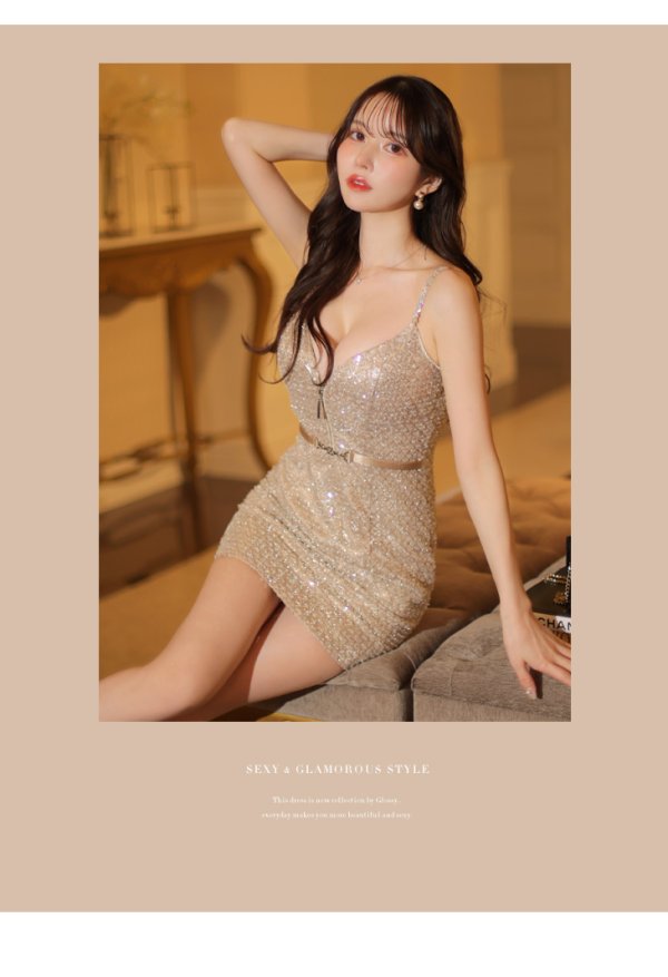 画像11: XSサイズあり【Glossy/グロッシー】ベルトデザイン/ スパンコール/ キャミ/ タイト/ ミニドレス/ キャバドレス[OF08]