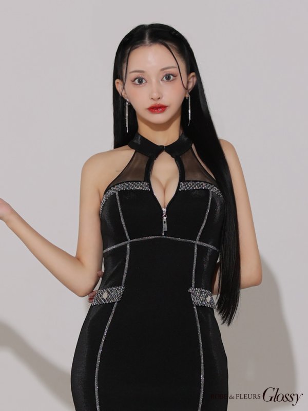 画像4: XSサイズあり【Glossy/グロッシー】ラメパイピング/ ホルターネック/ バストジップ/ タイト/ ミニドレス/ キャバドレス[OF08]