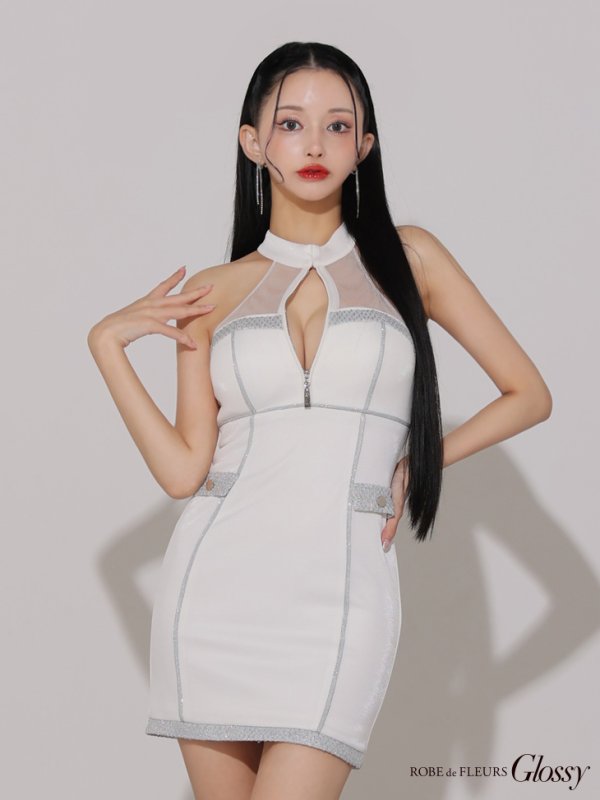 画像7: XSサイズあり【Glossy/グロッシー】ラメパイピング/ ホルターネック/ バストジップ/ タイト/ ミニドレス/ キャバドレス[OF08]