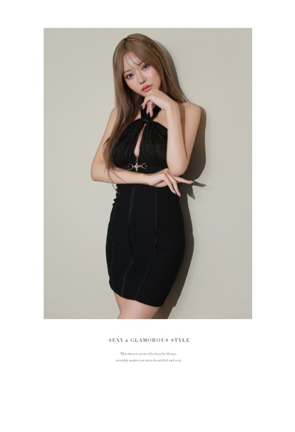 画像8: XSサイズあり【Glossy/グロッシー】デコルテクロス/ センタージップ/ ストレッチ/ タイト/ ミニドレス/ キャバドレス[OF08]