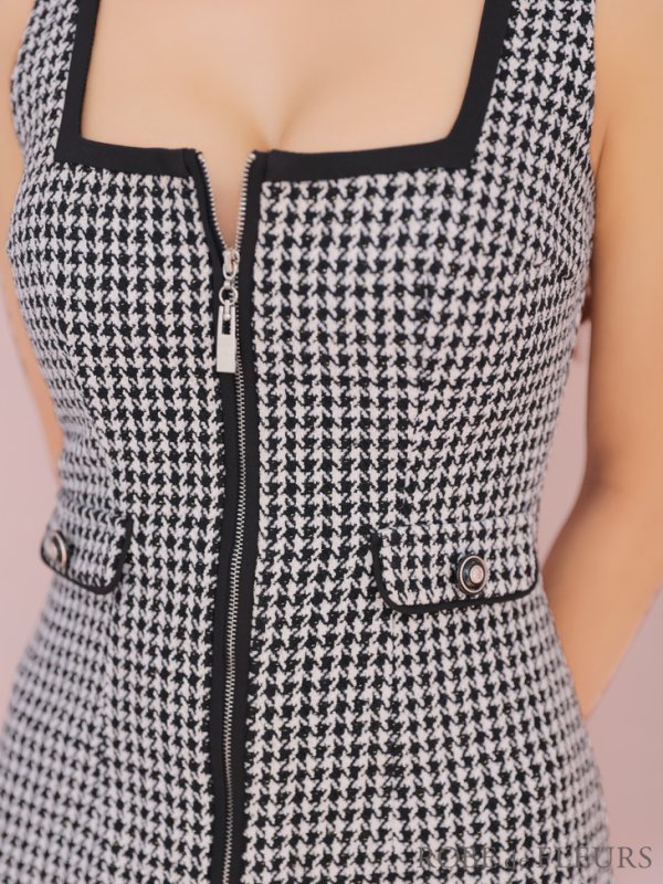 画像8: XSサイズあり【ROBE de FLEURS/ローブドフルール】ツイード/ ジップ/ スクエアカット/ ノースリーブ/ フレア/ 千鳥 /ミニドレス/ キャバドレス[OF08]