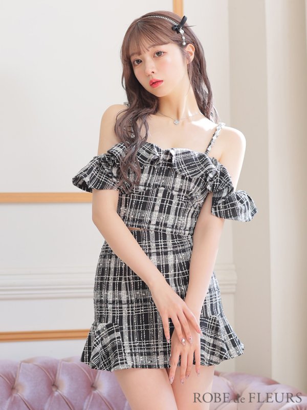 画像9: XSサイズあり【ROBE de FLEURS/ローブドフルール】フリルオフショルダー/ ツイード/ セットアップ/ Aライン/ ミニドレス/ キャバドレス[OF08]