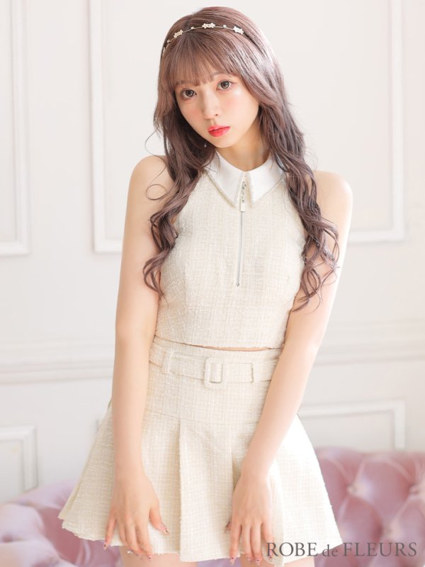 画像10: XSサイズあり【ROBE de FLEURS/ローブドフルール】ツイード/ ジップ/ 襟付き/ ホルター/ プリーツ/ フレア/ セットアップ/ ミニドレス/ キャバドレス[OF08]