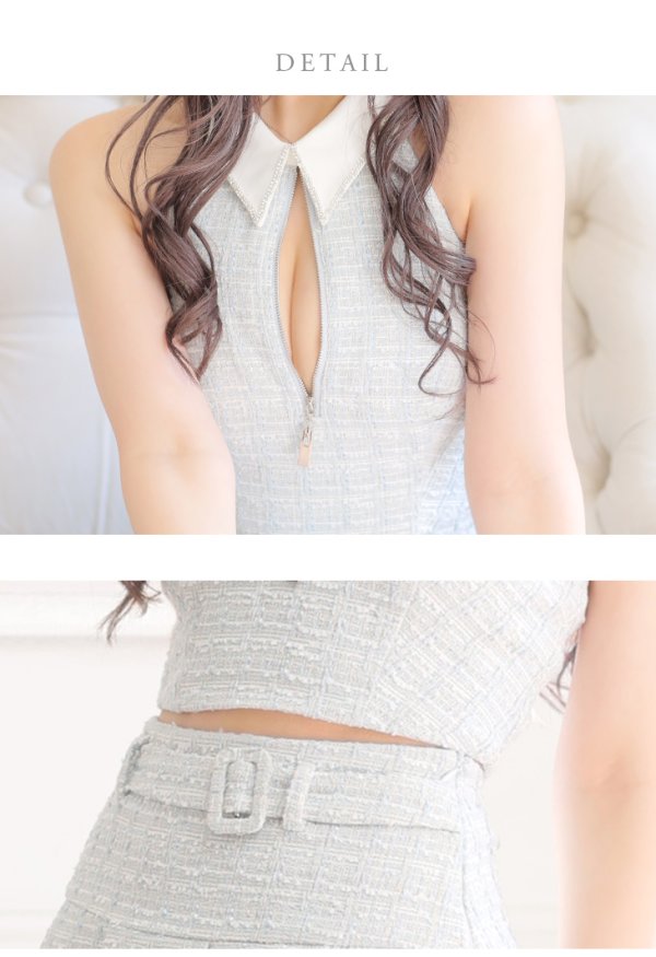 画像13: XSサイズあり【ROBE de FLEURS/ローブドフルール】ツイード/ ジップ/ 襟付き/ ホルター/ プリーツ/ フレア/ セットアップ/ ミニドレス/ キャバドレス[OF08]