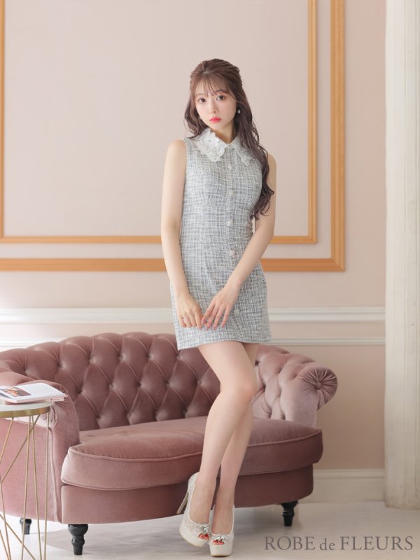 画像15: XSサイズあり【ROBE de FLEURS/ローブドフルール】ニットツイード/ フラワーカラー/ 襟つき/ 台形スカート/ Aライン/ ワンピース/ ミニドレス/ キャバドレス[OF08]