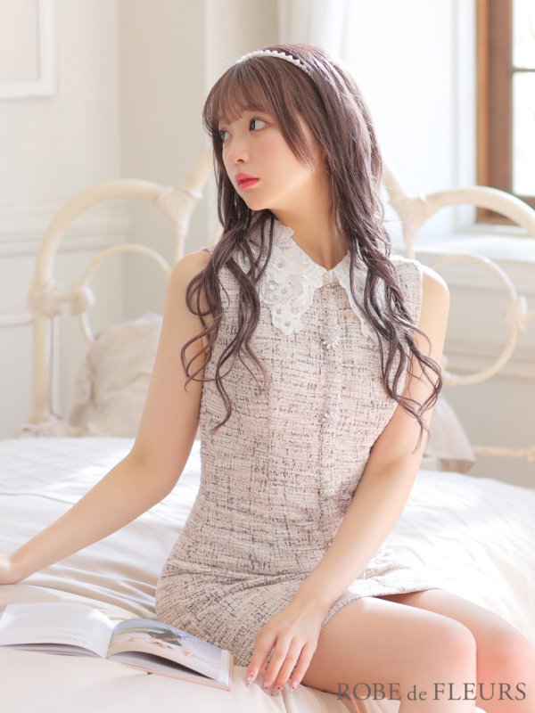 画像17: XSサイズあり【ROBE de FLEURS/ローブドフルール】ニットツイード/ フラワーカラー/ 襟つき/ 台形スカート/ Aライン/ ワンピース/ ミニドレス/ キャバドレス[OF08]