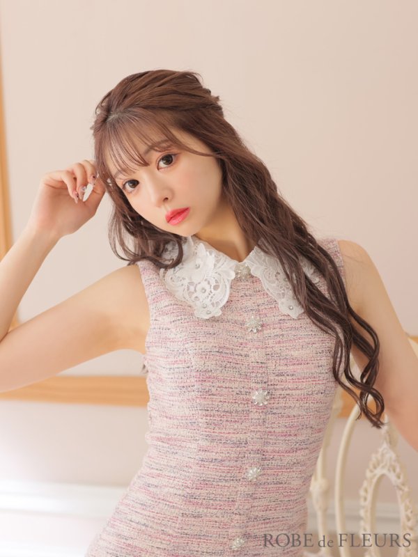 画像11: XSサイズあり【ROBE de FLEURS/ローブドフルール】ニットツイード/ フラワーカラー/ 襟つき/ 台形スカート/ Aライン/ ワンピース/ ミニドレス/ キャバドレス[OF08]