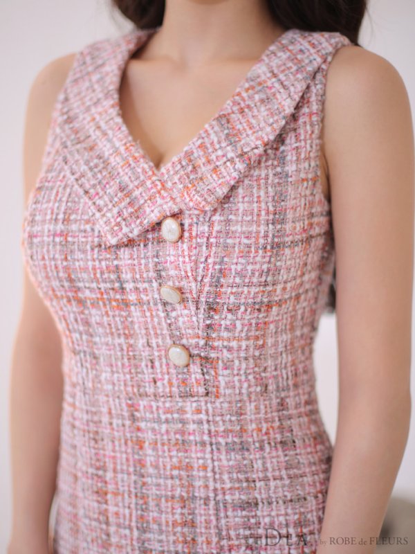 画像21: Lサイズあり【DEA./ディア】マーメイド/ ツイード/ ノースリーブ/ 膝丈/ 襟付き/ 裾フリル/ ワンピース/ ミディアムドレス/ キャバドレス【OF08】