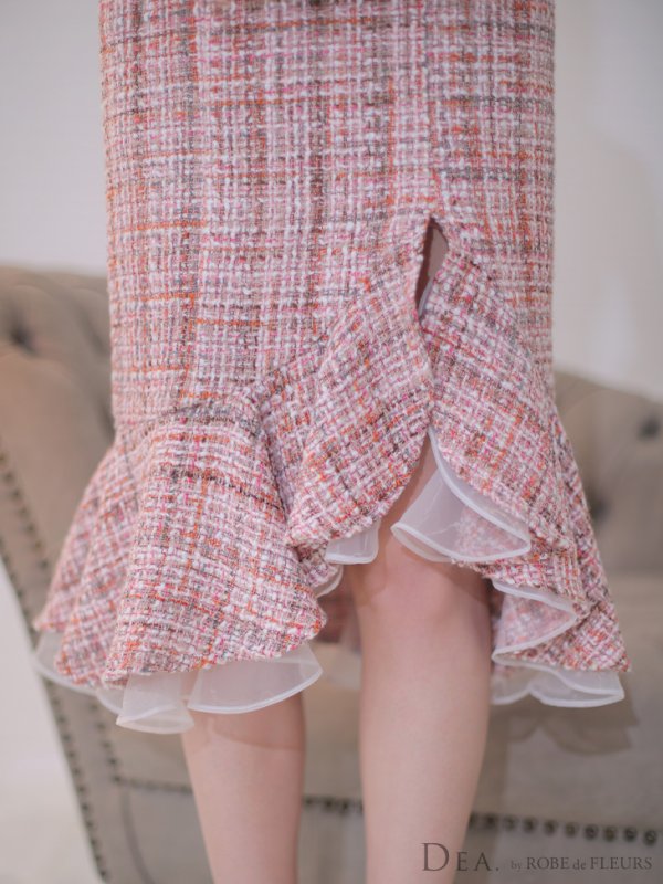 画像22: Lサイズあり【DEA./ディア】マーメイド/ ツイード/ ノースリーブ/ 膝丈/ 襟付き/ 裾フリル/ ワンピース/ ミディアムドレス/ キャバドレス【OF08】